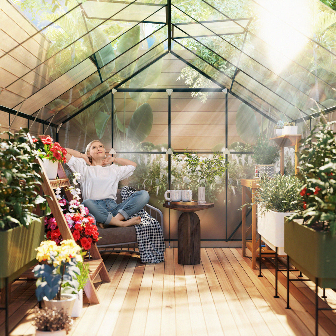 Aluminium Greenhouse Polycarbonate Walk-in Garden Greenhouse Kit with Adjustable Roof Vent, Rain Gutter and Foundation, 8 x 12ft, Clear