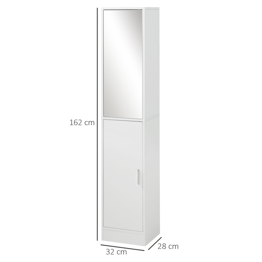 kleankin Tall Mirrored Bathroom Cabinet, Bathroom Storage Cupboard, Floor Standing Tallboy Unit with Adjustable Shelf, White
