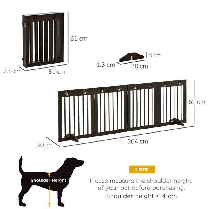 PawHut Freestanding Pet Gate 4 Panel Wooden Dog Barrier Folding Safety Fence with Support Feet up to 204cm Long 61cm Tall for Doorway Stairs Brown