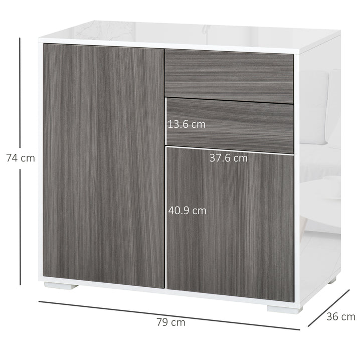 Modern Stylish Freestanding Push-Open Design Cabinet with 2 Drawer, 2 Door Cabinet, 2 Part Inner Space Light Grey and White
