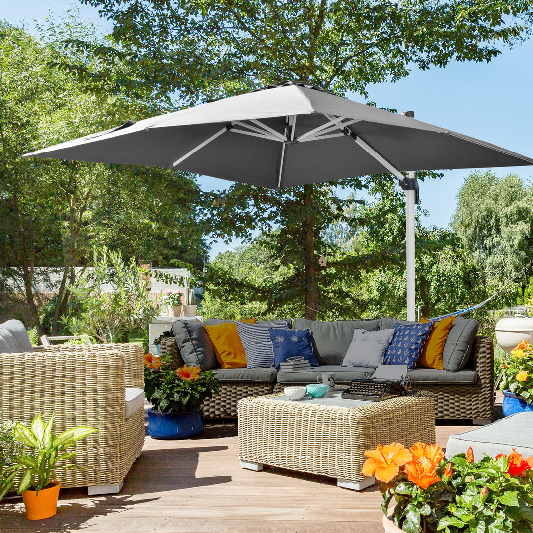 3 x 3(m) Cantilever Parasol, Square Garden Umbrella with Cross Base, Crank Handle, Tilt, 360° Rotation and Aluminium Frame, Grey