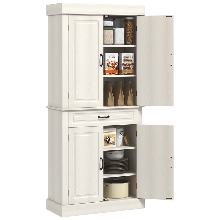 Kitchen Cupboard with 4 Doors, Freestanding Storage Cabinet with Wide Drawer and Shelves for Living Room, 180cm, White Wood Grain
