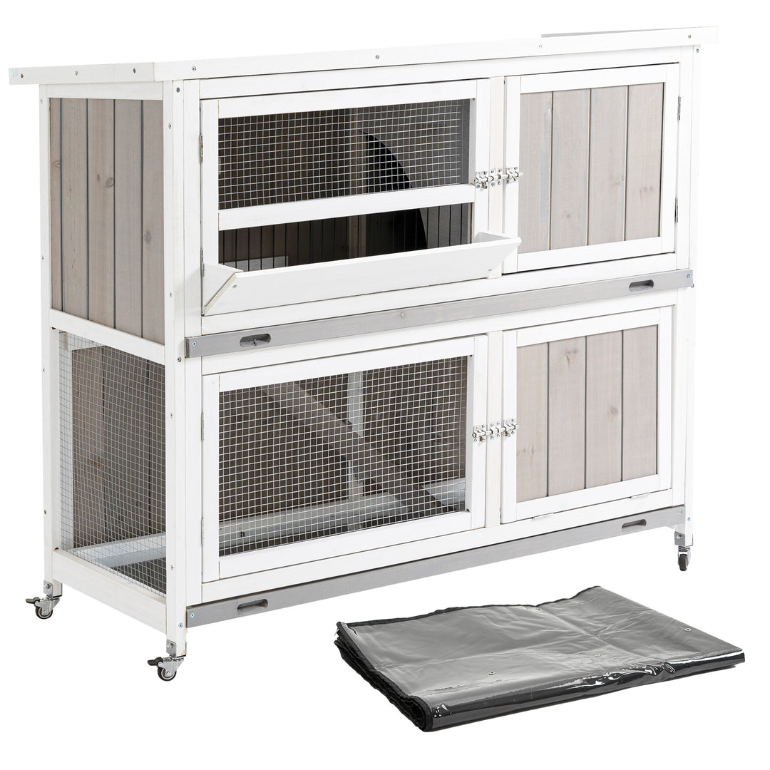 PawHut Wooden Rabbit Hutch Two-Tier Guinea Pig Cage Elevated Multi-Door Pet House Bunny Cage w/ Rain Cover, Wheels, Slide-Out Tray, Grey