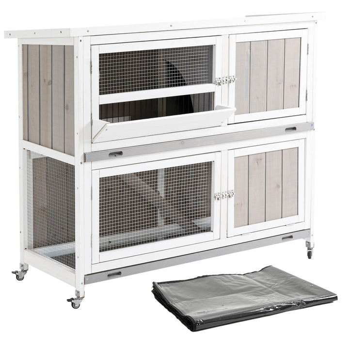 PawHut Wooden Rabbit Hutch Two-Tier Guinea Pig Cage Elevated Multi-Door Pet House Bunny Cage w/ Rain Cover, Wheels, Slide-Out Tray, Grey