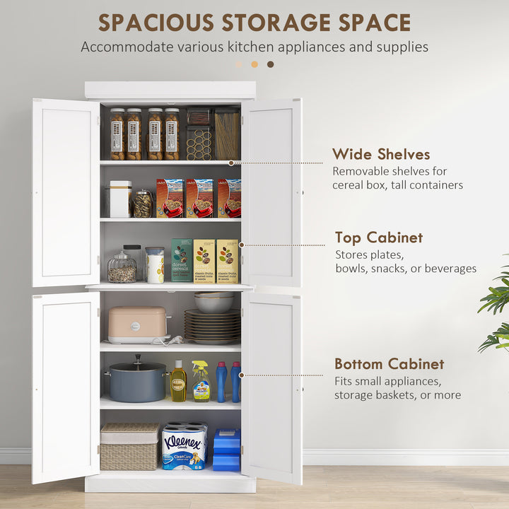 Freestanding Kitchen Cupboard with 4 Doors, Storage Cabinet with 6-Tier Shelving and 4 Adjustable Shelves, White