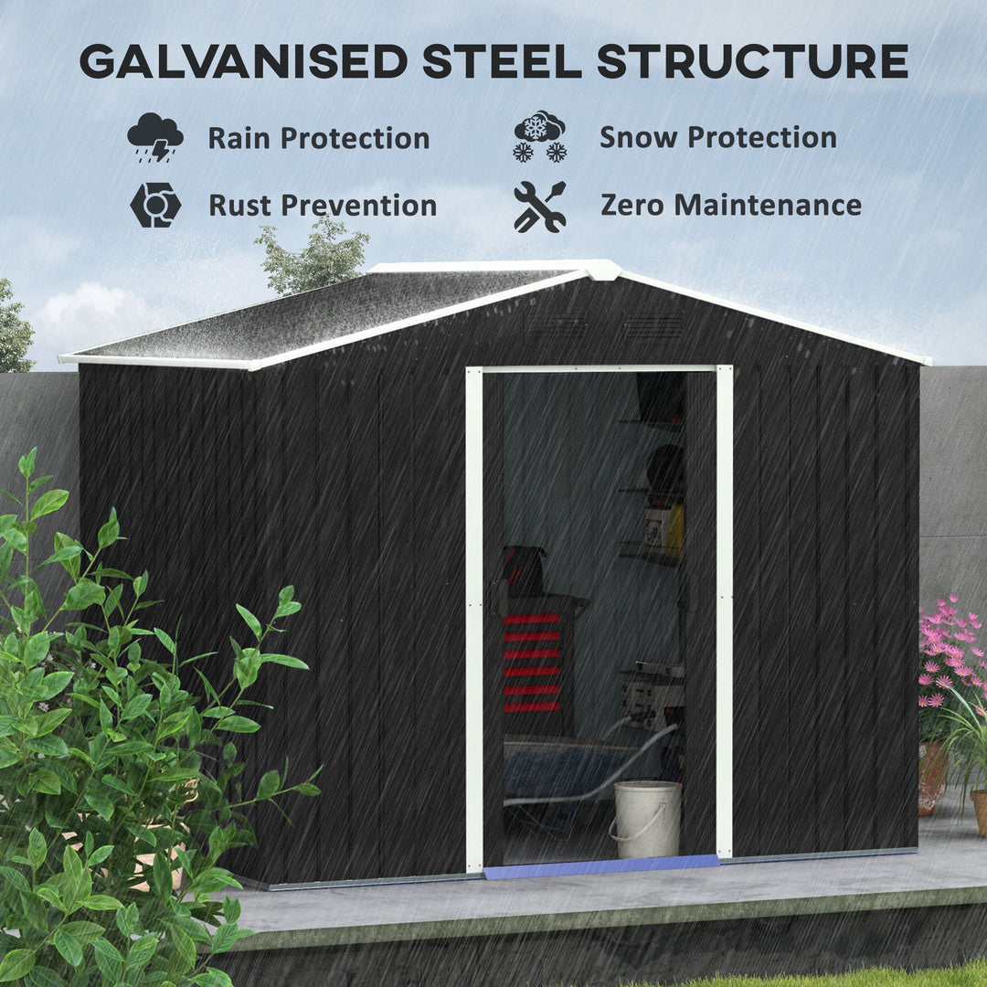 Outsunny 8 x 6ft Garden Storage Shed Double Door Ventilation Windows Sloped Roof Outdoor Equipment Tool, Grey