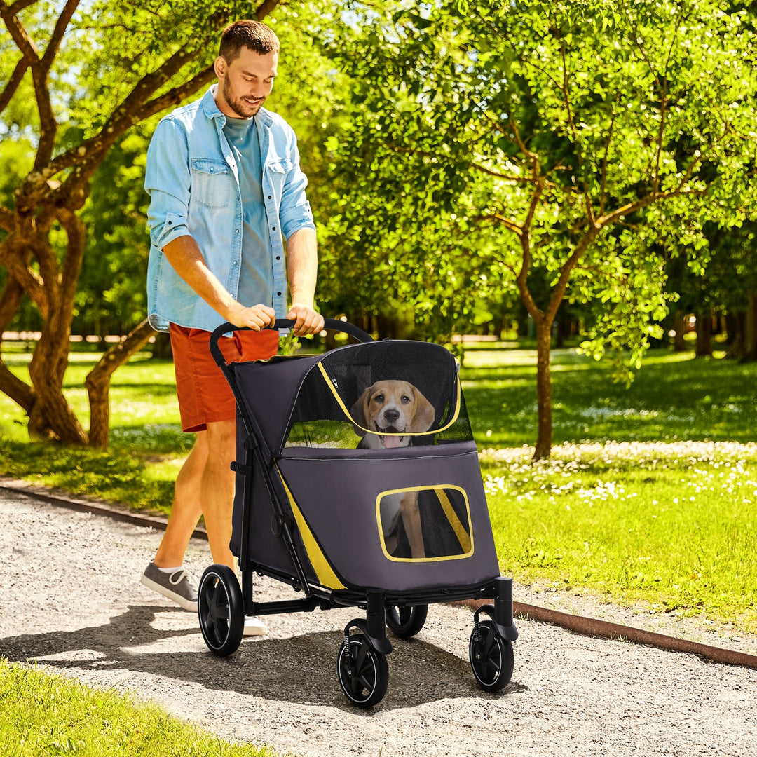 Pet Stroller with Universal Front Wheels, Shock Absorber, One Click Foldable Dog Cat Carriage with Brakes, Storage Bags, Mesh Window Dark Grey