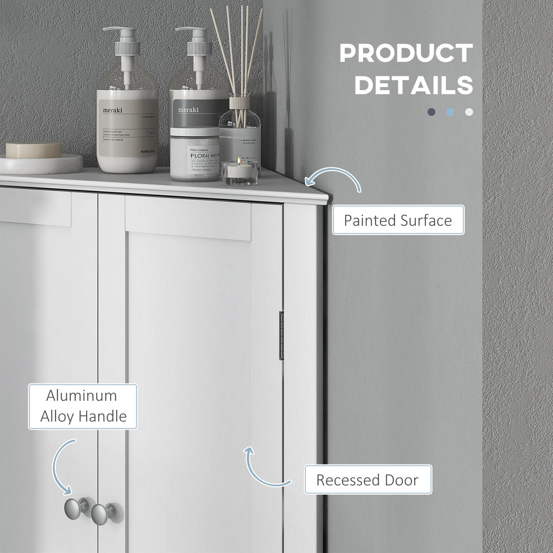 Triangle Bathroom Cabinet, Corner Bathroom Storage Unit with Adjustable Shelf and Recessed Door, Free Standing, White