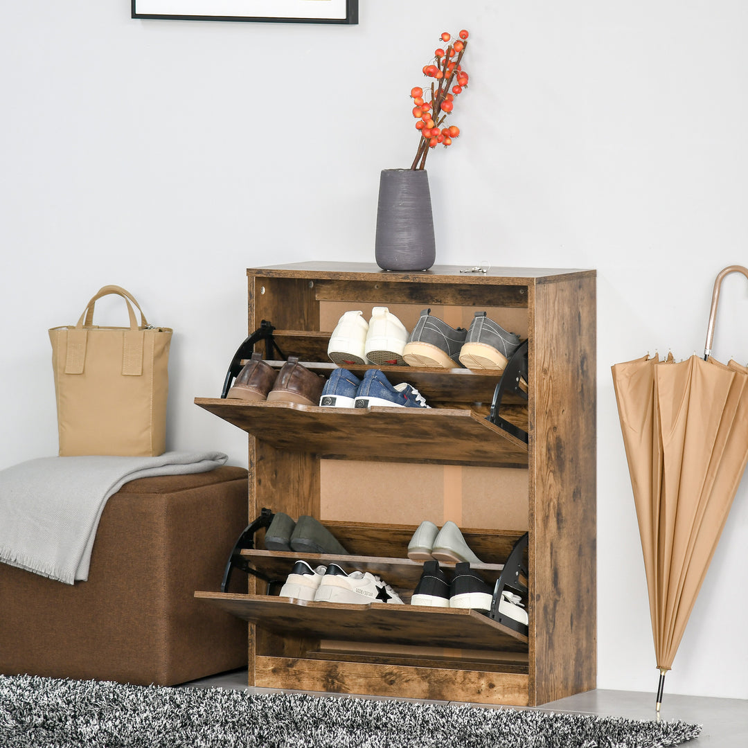 HOMCOM 2 Drawer Shoe Cabinet Industrial Shoe Cupboard Hallway Wooden Storage Organiser with Flip Doors Adjustable Shelf for 12 Pairs Rustic Brown