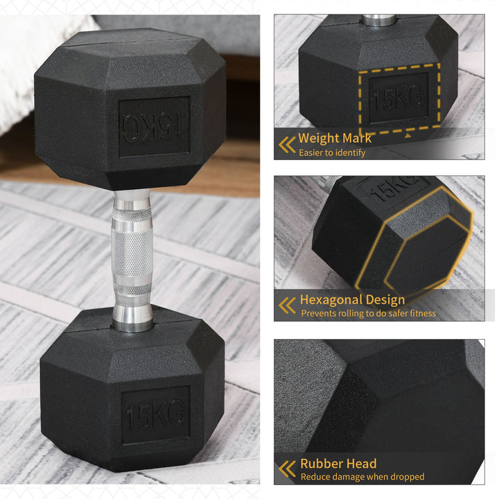HOMCOM 15KG Single Rubber Hex Dumbbell Portable Hand Weights Dumbbell Home Gym Workout Fitness Hand Dumbbell