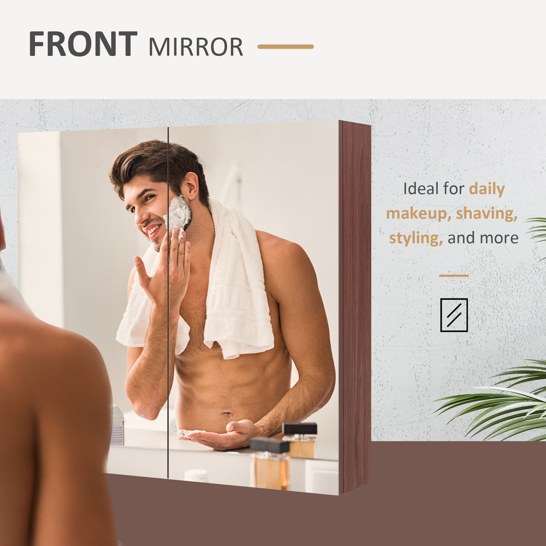 Wall Mounted Glass Bathroom Mirror Cabinet Storage Shelf, 63Wx60Hx13.5T cm-Light Walnut