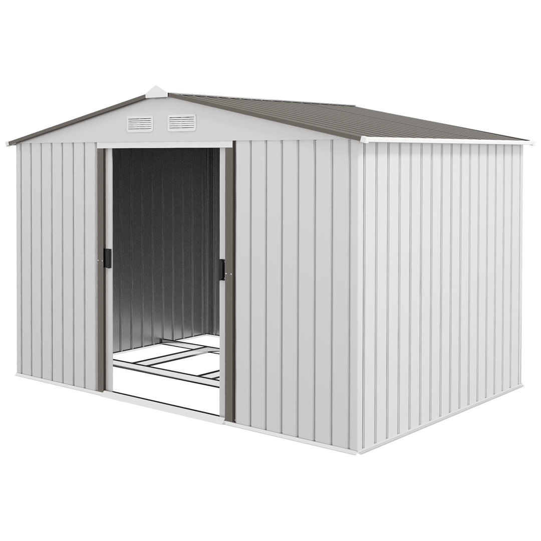9 x 6FT Garden Storage Shed, Metal Outdoor Storage Shed House with Floor Foundation, Ventilation & Doors, Grey