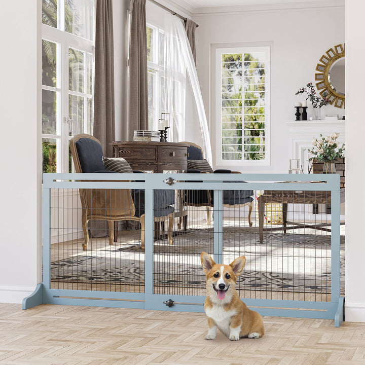 PawHut Adjustable Wooden Pet Gate, Freestanding Dog Barrier Fence with 3 Panels for Doorway, Hallway, 69H x 104-183H cm, Blue