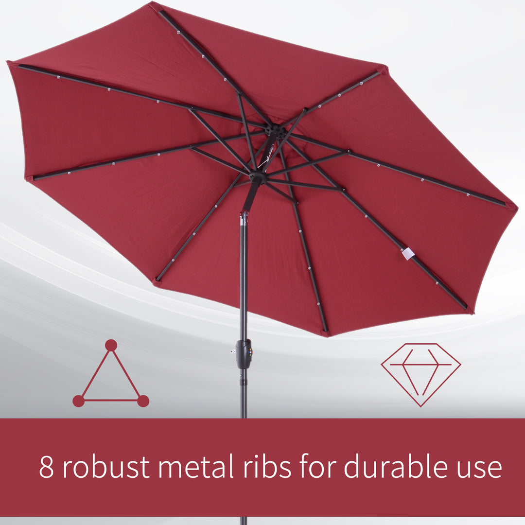 Garden 24 LED Light Parasol Sun Shade w/ Hand Crank and 8 Ribs 2.7M Red