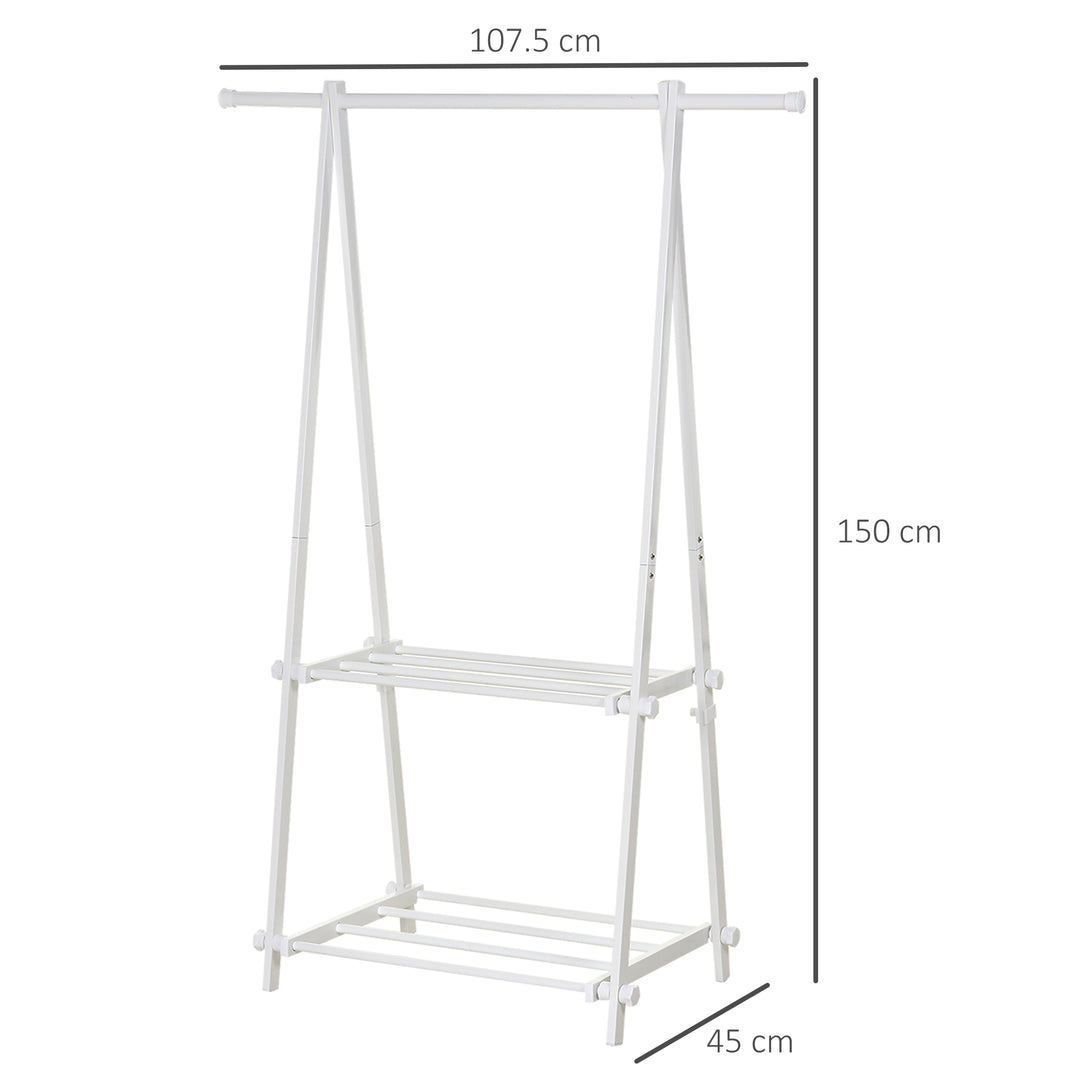 HOMCOM Minimalist Foldable Adjustable Clothes Rack Hanger w/ 2 shelves 107.5L x 45W x 150H cm Hallway Entryway Furniture - White