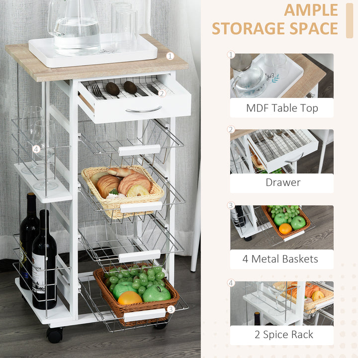 Rolling Kitchen Cart, Utility Storage Cart with 4 Basket Drawers & Side Racks, Wheels for Dining Room, Brown