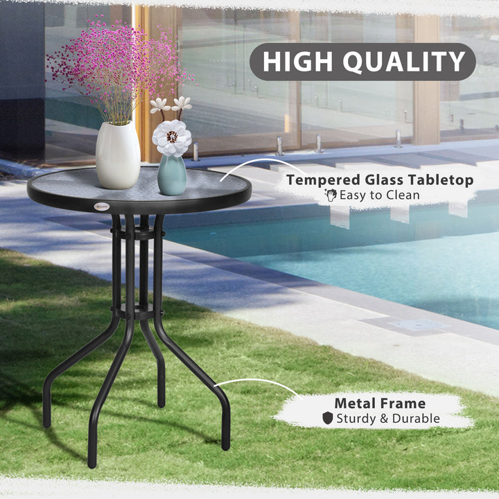 60×70H cm Round Metal Table, Garden Table Tempered Glass-Black