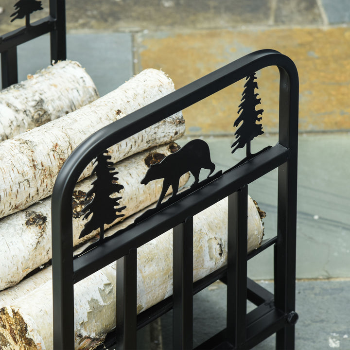 Outsunny Firewood Log Rack Curved Fireplace Log Holder Wood Storage Rack with Handles, Bear Shape Design, Outdoor and Indoor, 42 x 33.5 x 43 cm, Black