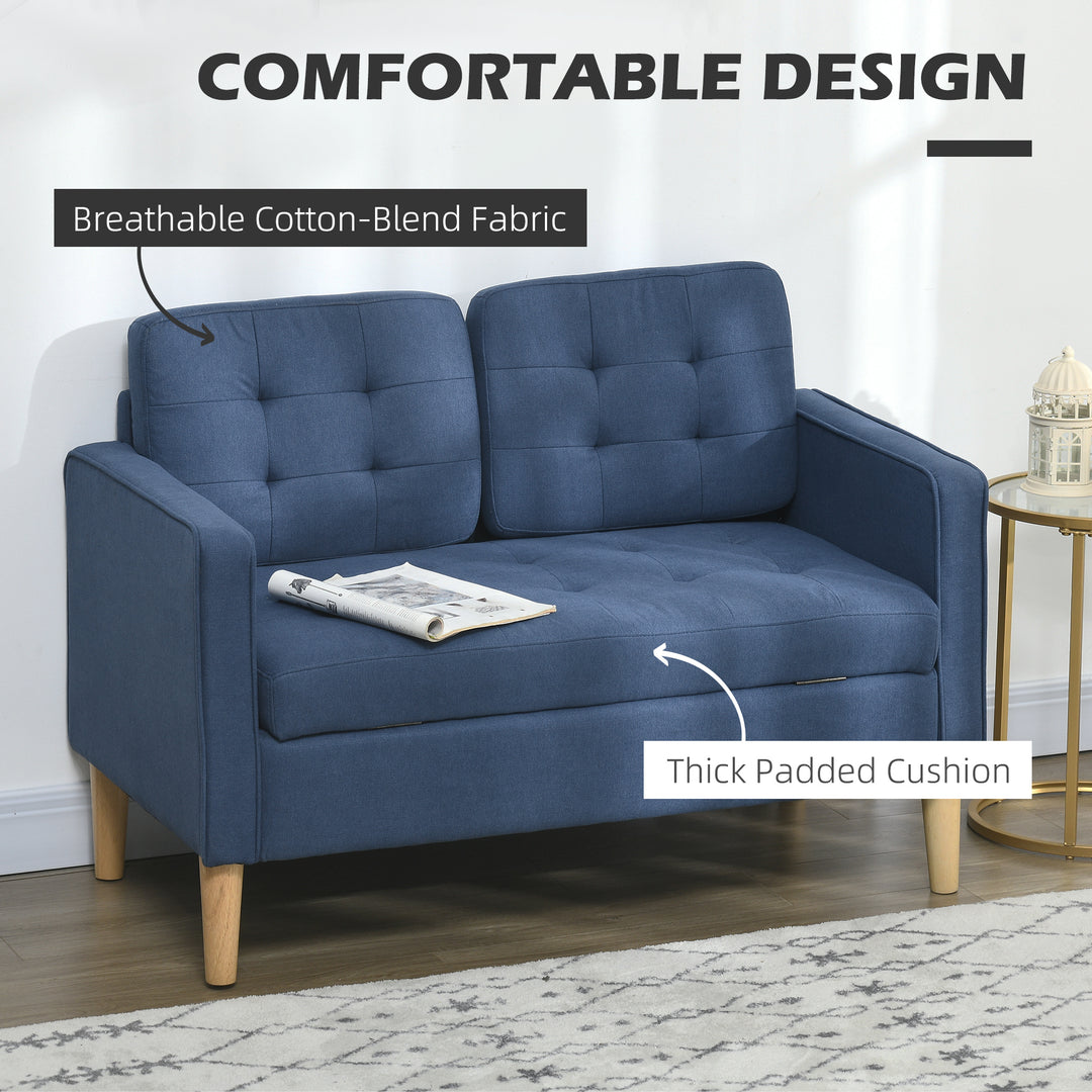 Modern Loveseat Sofa, Compact 2 Seater Sofa with Hidden Storage, 117cm Tufted Cotton Couch with Wood Legs, Blue