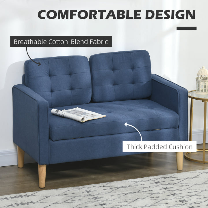 Modern Loveseat Sofa, Compact 2 Seater Sofa with Hidden Storage, 117cm Tufted Cotton Couch with Wood Legs, Blue