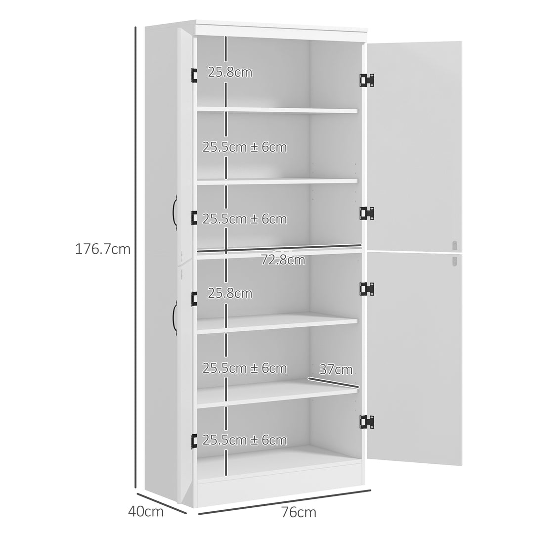 4-Door Tall Kitchen Cupboard, Freestanding 6-Tier Storage Cabinet with 2 Adjustable Shelves for Living Room, Dining Room, White