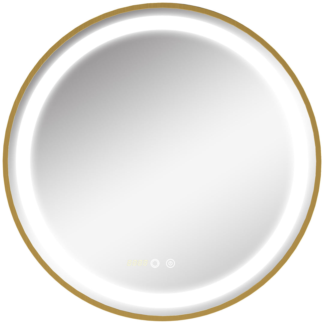 kleankin Round Illuminated Bathroom Mirrors Dimmable LED Lighted Wall Mount Mirror w/ 3 Colours, Time Display, Memory Function, 60cm