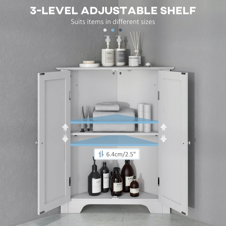 Triangle Bathroom Cabinet, Corner Bathroom Storage Unit with Adjustable Shelf and Recessed Door, Free Standing, White