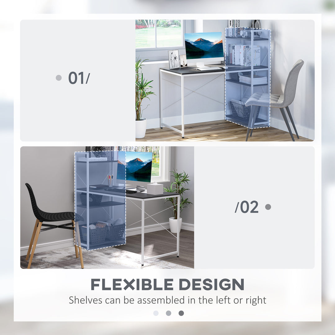 Computer Desk PC Table Study Workstation Home Office with 4-tier Bookshelf Storage Metal Frame Wooden Top (Black & White)