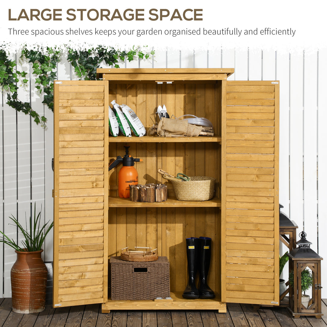 Outsunny Wooden Garden Storage Shed, Compact Utility Sentry Unit, 3-Tier Shelves Tool Cabinet Organizer with Asphalt Roof and Shutter Design