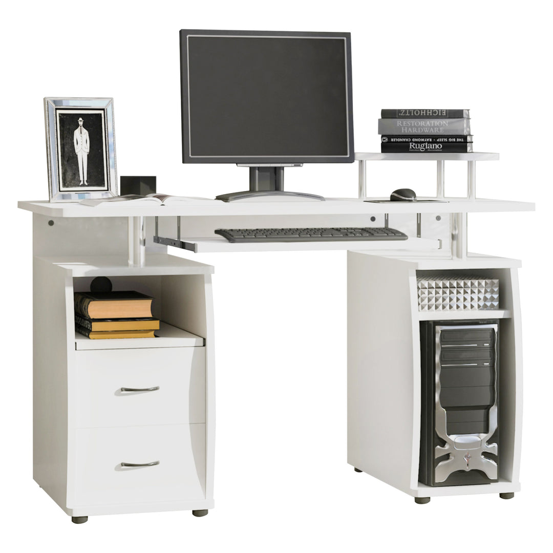 Computer Desk Office PC Table Workstation with Keyboard Tray, CPU Shelf, Drawers, Sliding Scanner Shelf, White