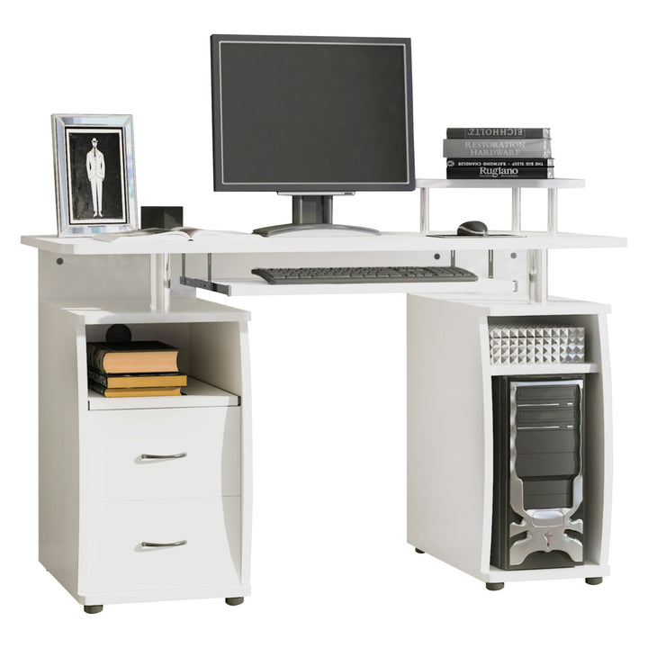 Computer Desk Office PC Table Workstation with Keyboard Tray, CPU Shelf, Drawers, Sliding Scanner Shelf, White