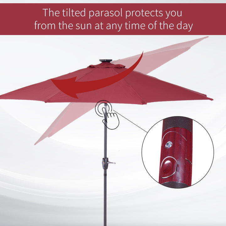 Garden 24 LED Light Parasol Sun Shade w/ Hand Crank and 8 Ribs 2.7M Red