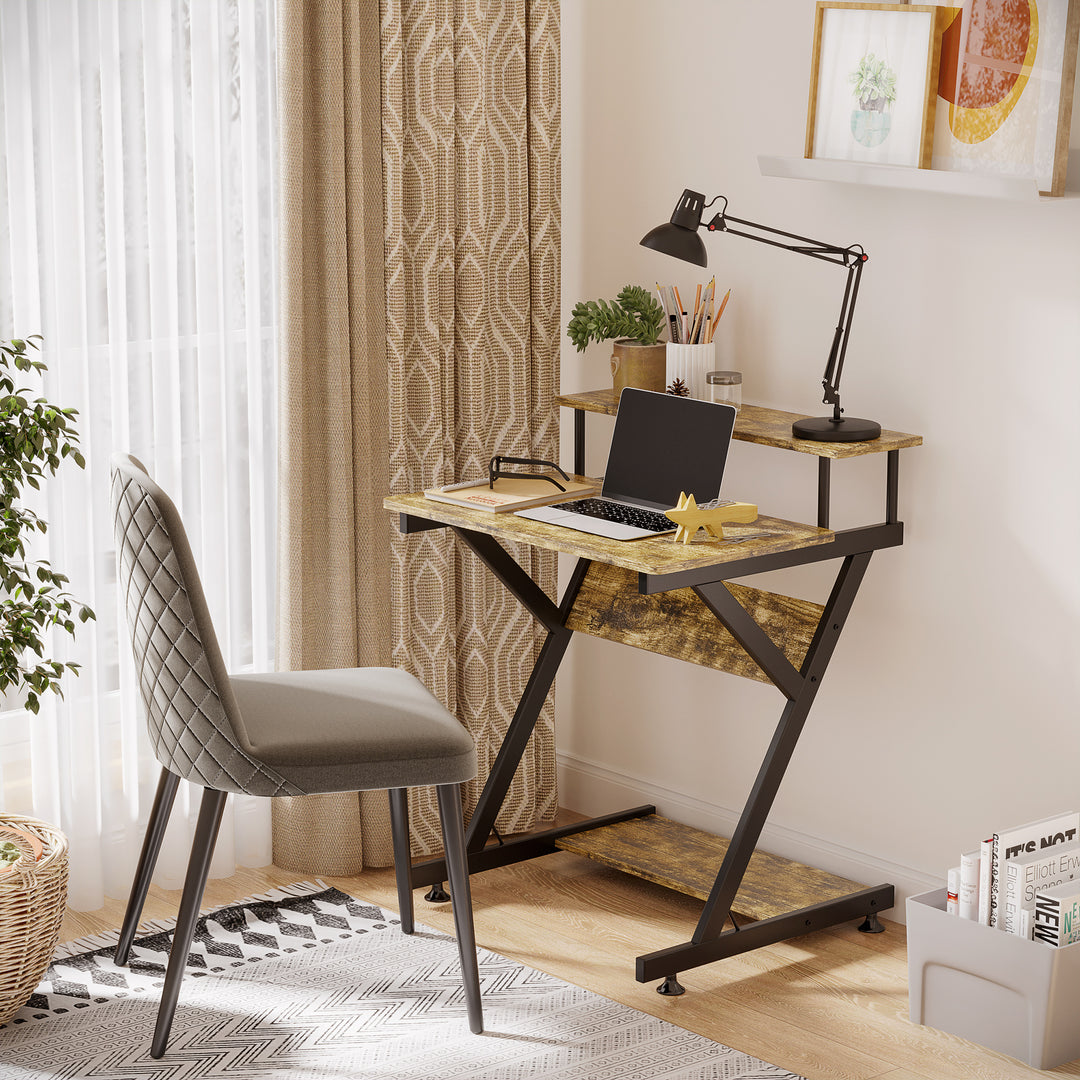 Compact Computer Table, R Shape Desk with Monitor Shelf and Storage for Home Office, Small, Study and Gaming 70cm, Brown