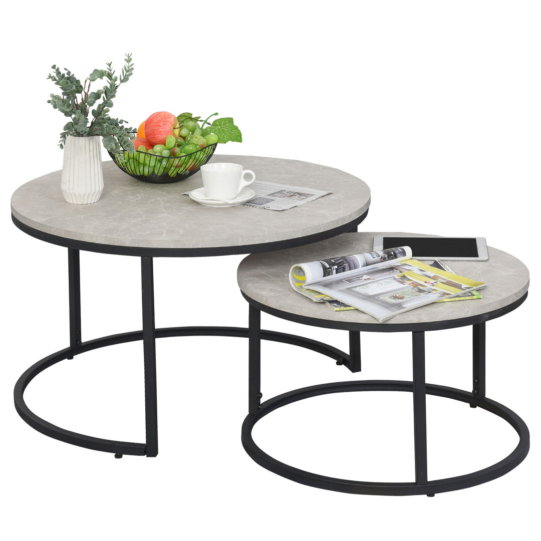 2 Pcs Stacking Coffee Table Set w/ Steel Frame Marble-Effect Top Foot Pads Nest of Tables Storage Display Black/Grey