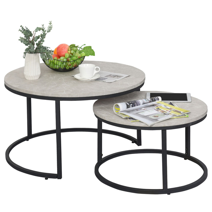 2 Pcs Stacking Coffee Table Set w/ Steel Frame Marble-Effect Top Foot Pads Nest of Tables Storage Display Black/Grey