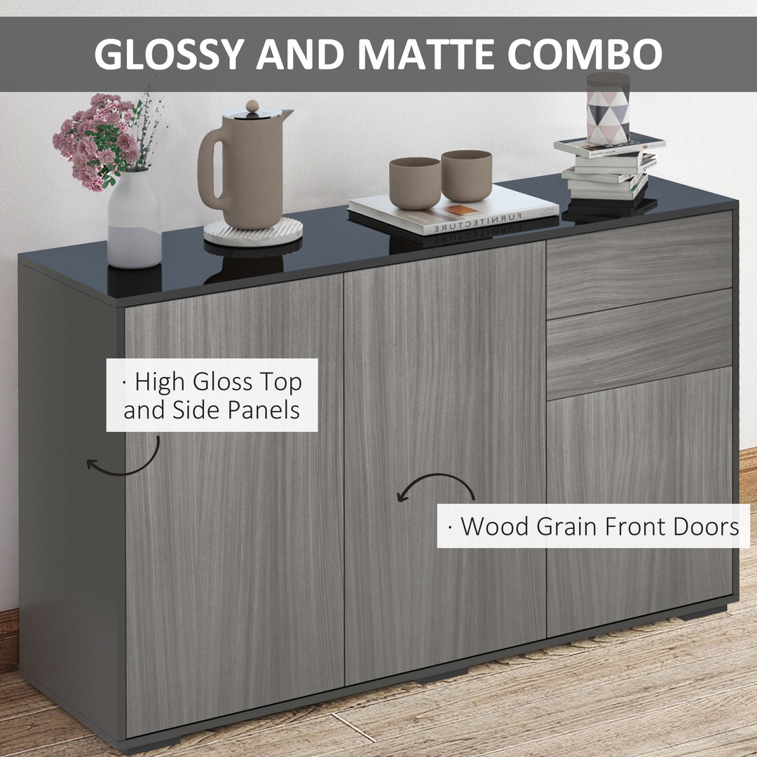 High Gloss Sideboard, Side Cabinet, Push-Open Design with 2 Drawer for Living Room, Bedroom, Light Grey and Black