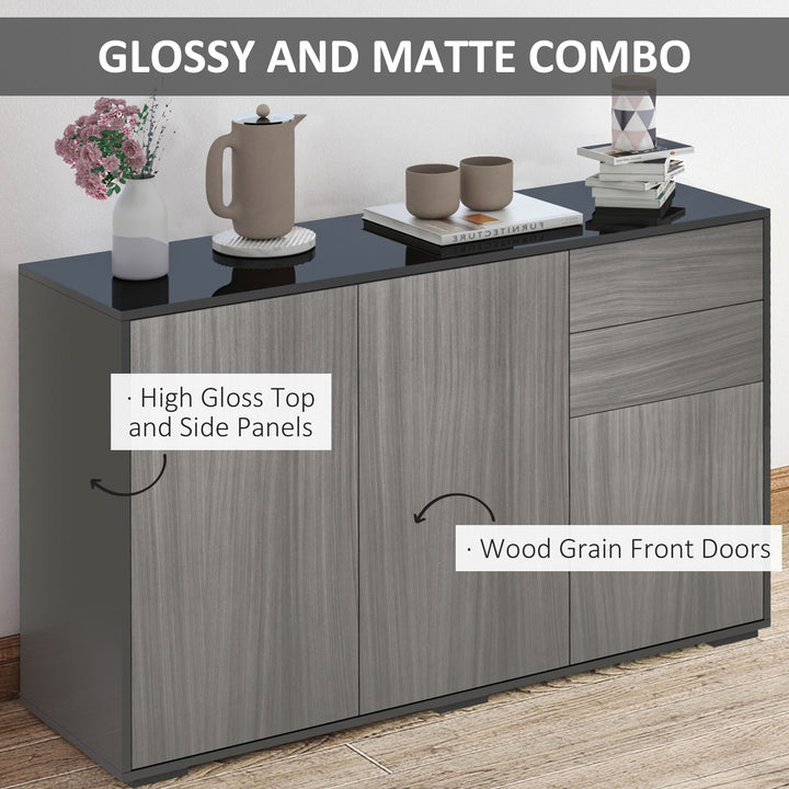High Gloss Sideboard, Side Cabinet, Push-Open Design with 2 Drawer for Living Room, Bedroom, Light Grey and Black