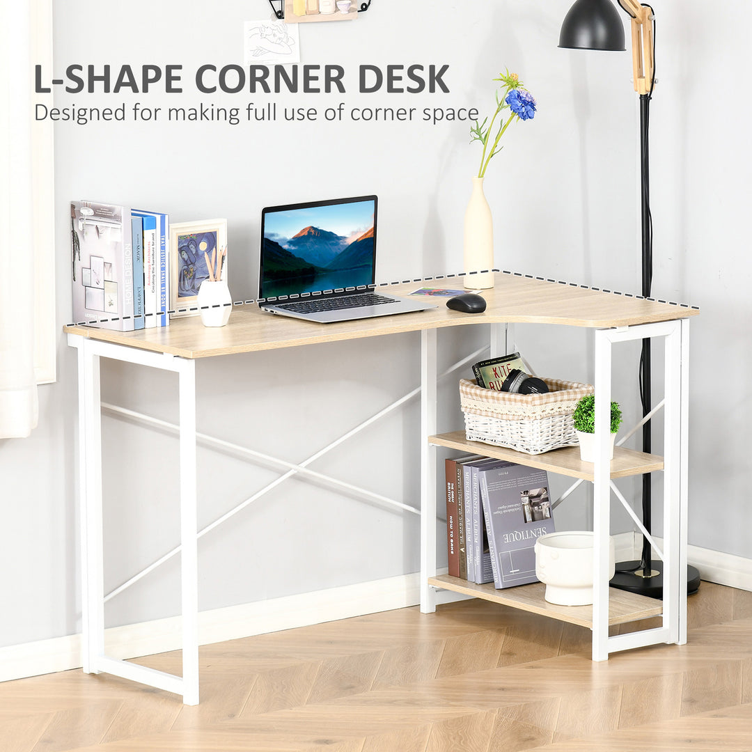 HOMCOM L-Shaped Computer Desk, Folding Home Office Corner Desk Study Workstation Table with 2 Shelves, Oak Tone