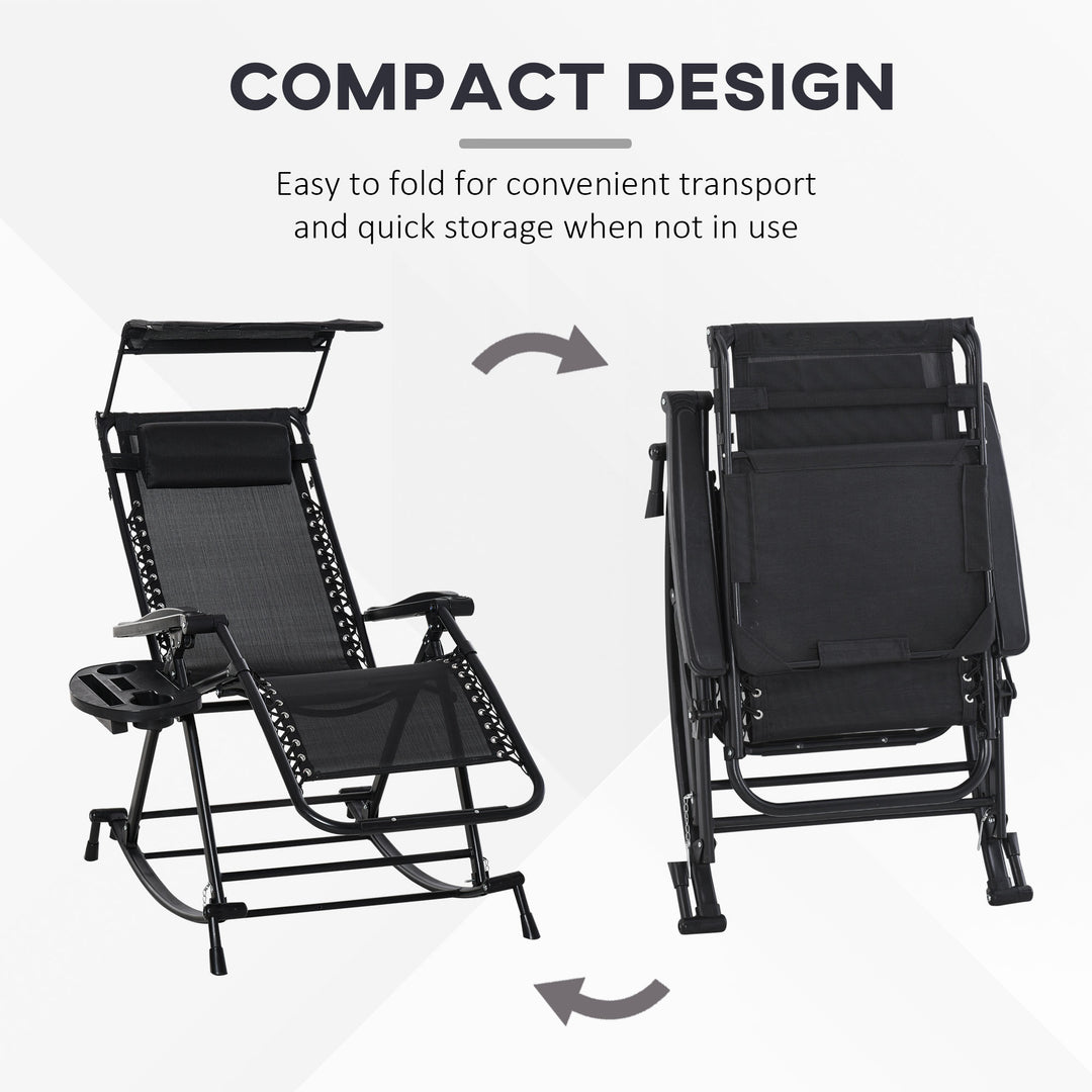 Outdoor Rocking Chair Folding Recliner Zero-Gravity Seat with Headrest Side Holder Patio Deck - Black