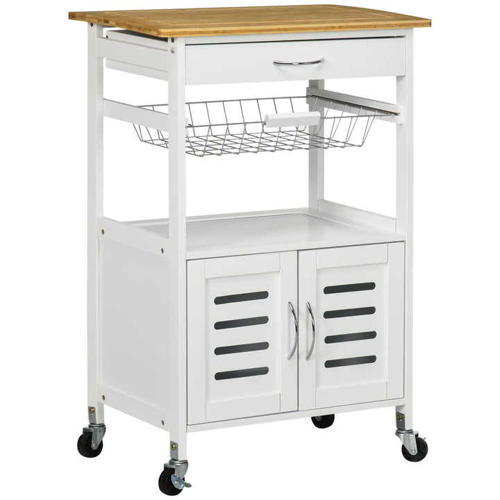 Rolling Kitchen Island Trolley Utility Cart on Wheels with Bamboo Table Top, Storage Cabinet, Drawer and Wire Basket - White