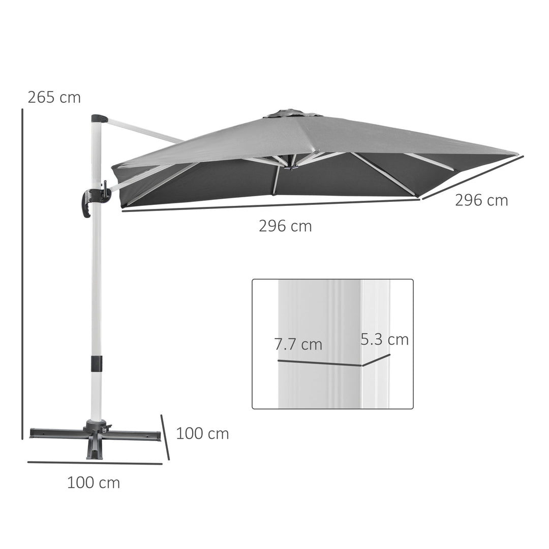 3 x 3(m) Cantilever Parasol, Square Garden Umbrella with Cross Base, Crank Handle, Tilt, 360° Rotation and Aluminium Frame, Grey