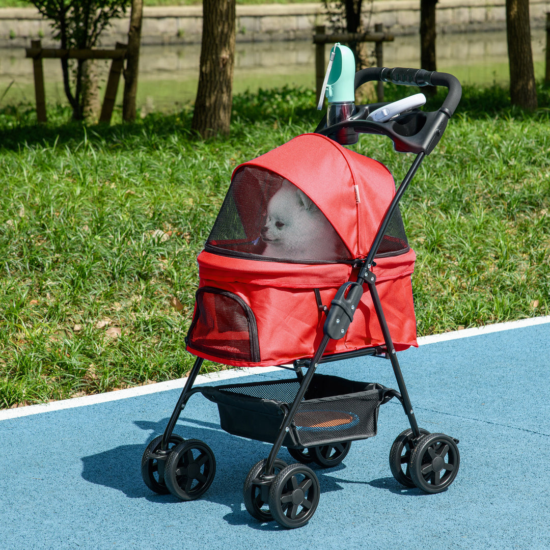 PawHut Pet Stroller No-Zip Dog Cat Travel Pushchair Fold Trolley Jogger with EVA Wheels Brake Basket Adjustable Canopy Safety Leash Red
