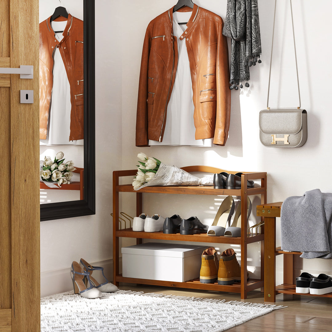 3-Tier Shoe Rack, Acacia Wooden Shoe Storage Organiser with 2 Hangers, Holds up to 12 Pairs, for Entryway, Living Room, 74 x 26 x 62 cm, Teak