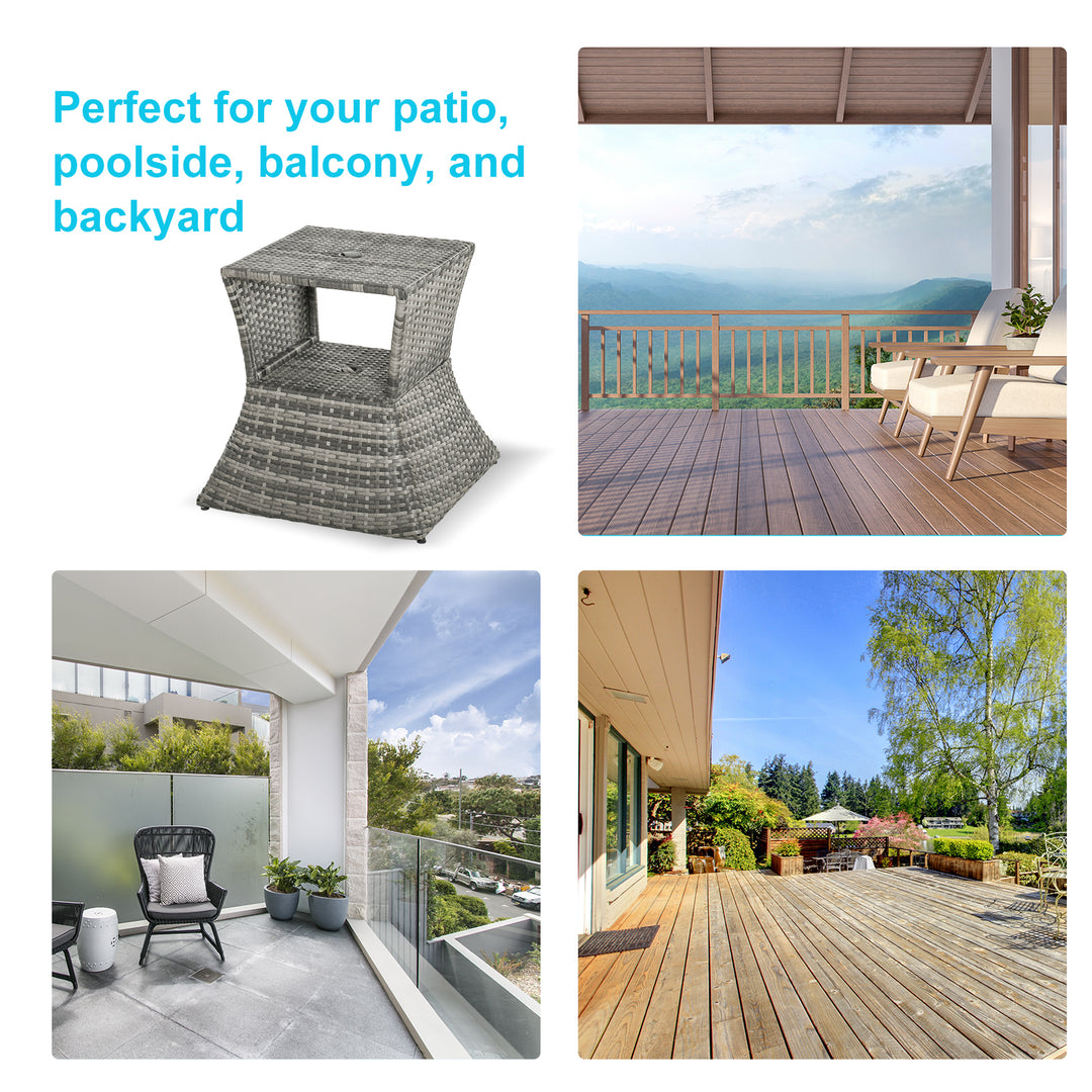 Outdoor Patio Rattan Wicker Coffee Table Bistro Side Table w/ Umbrella Hole and Storage Space, Grey