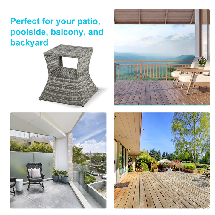 Outdoor Patio Rattan Wicker Coffee Table Bistro Side Table w/ Umbrella Hole and Storage Space, Grey