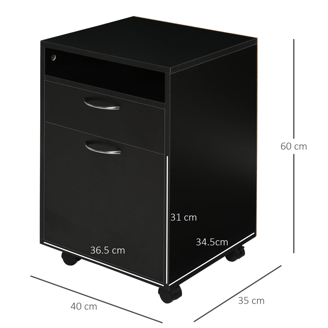 HOMCOM 60cm Storage Cabinet w/ Drawer Open Shelf Metal Handles 4 Wheels Office Home Organiser Mobile Printer Black