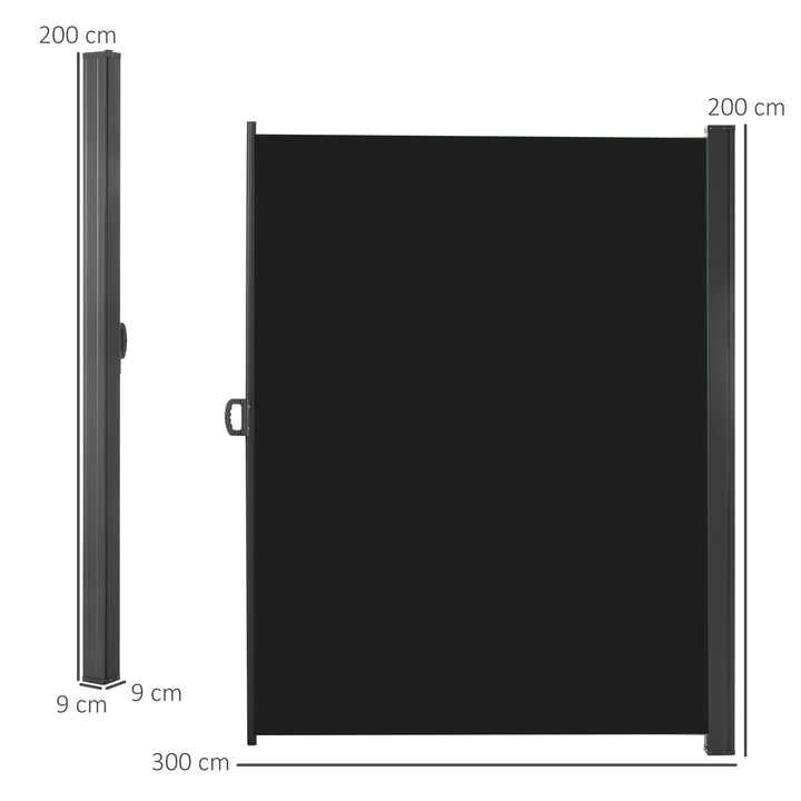 3 x 2m Retractable Sun Side Awning Screen Fence Patio Garden Wall Balcony Screening Panel Outdoor Blind Privacy Divider, Black