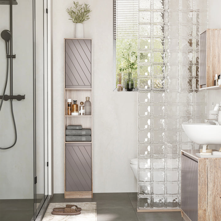 Freestanding Bathroom Storage Cabinet w/ 2 Cupboards 2 Compartments Home Organisation Anti-Tipping Elevated Base 30L x 24W x 170Hcm Grey&Brown