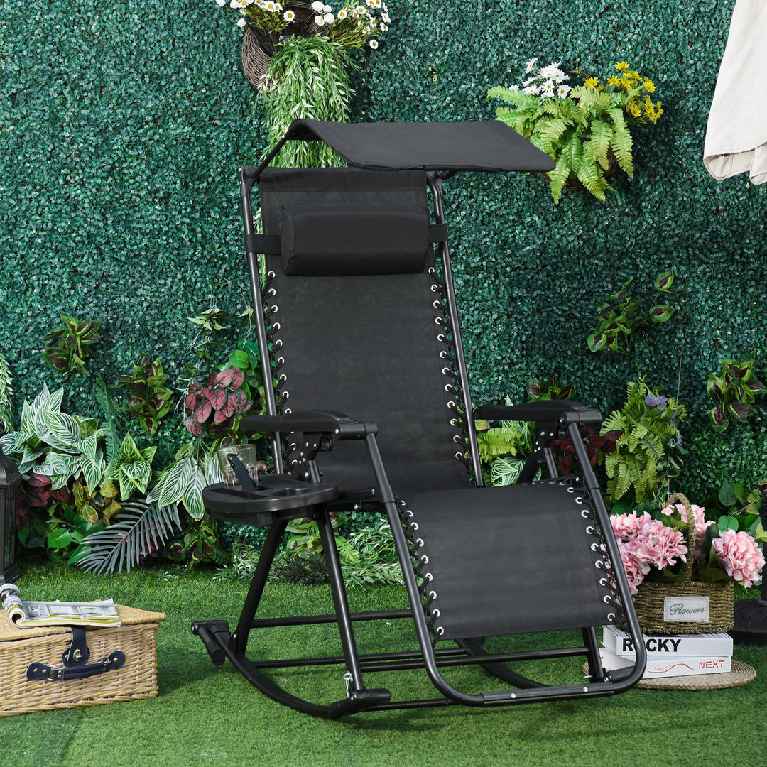 Outdoor Rocking Chair Folding Recliner Zero-Gravity Seat with Headrest Side Holder Patio Deck - Black