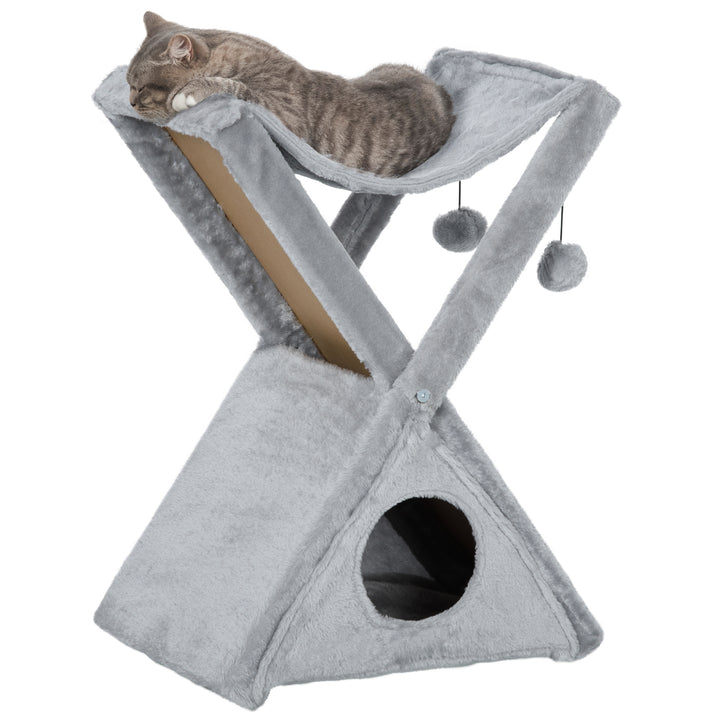PawHut Two Tier Cat Tree Tower Scratching Post, 50L x 32W x 65Hcm-Grey